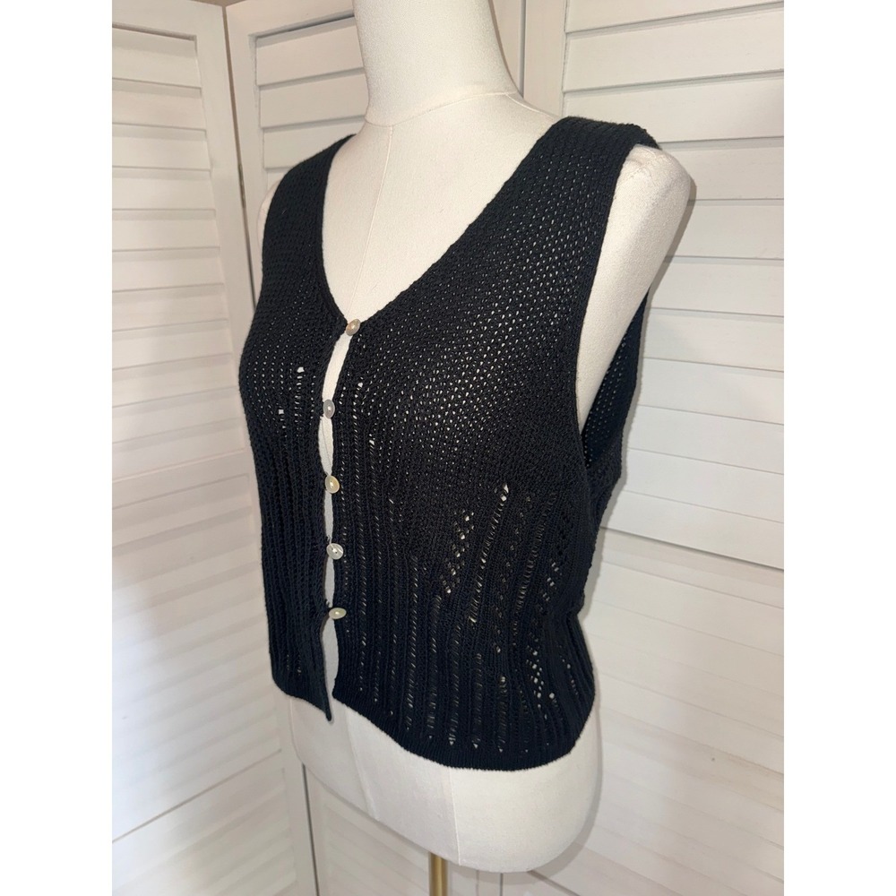 Very J Crochet Knit Vest Women Black Pointelle Button Front Boho Small - Picture 4 of 6